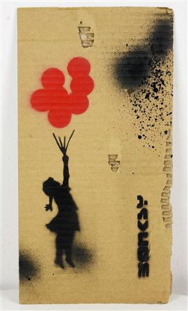 Banksy FLYING BALLOON GIRL sprayed stencil graffiti su cartone, cm 37x19...
