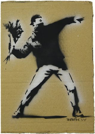 Banksy FLOWER THROWER, 2015 sprayed stencil graffiti su cartone, cm 30x20,5;...