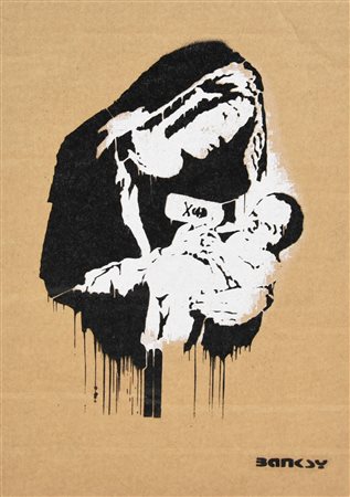 Banksy TOXIC MARY sprayed stencil graffiti su cartone, cm 29,5x21; es. 31/50...