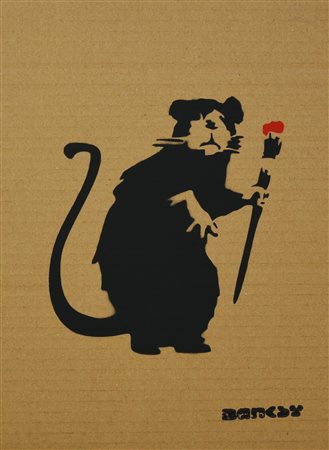 Banksy PAINTER RAT sprayed stencil graffiti su cartone, cm 34x25; es. 6/100...