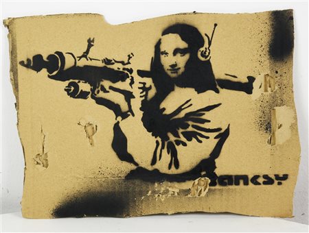 Banksy MONA LISA BAZOOKA sprayed stencil graffiti su cartone, cm 25x34 sul...