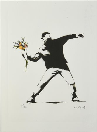 Da Banksy LOVE IS IN THE AIR eliografia su carta Arches, cm 38x28; es....