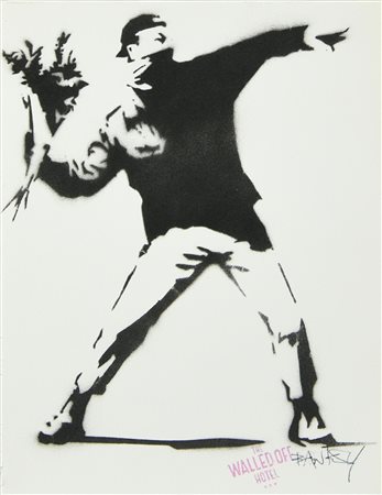 Banksy FLOWER TROWER sprayed stencil su carta, cm 29x18 timbro The Walled Off...