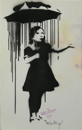 Banksy UMBRELLA GIRL sprayed stencil su carta, cm 28x17,5 timbro The Walled...