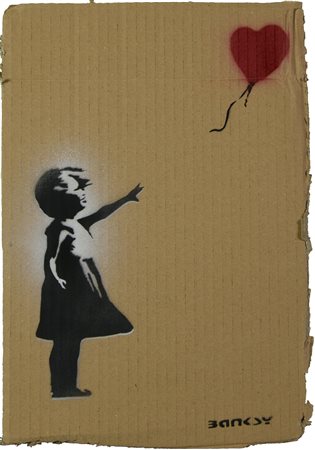 Banksy GIRL WITH BALLOON, 2015 sprayed stencil graffiti su cartone, cm 30x20;...