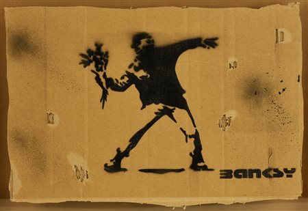 Banksy FLOWERS THROWER sprayed stencil graffiti su cartone, cm 27x38,5 sul...