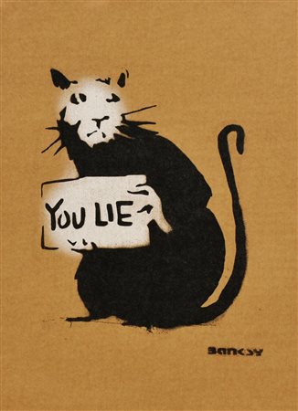 Banksy RAT sprayed stencil graffiti su cartone, cm 30x21; es. 6/50 sul retro:...