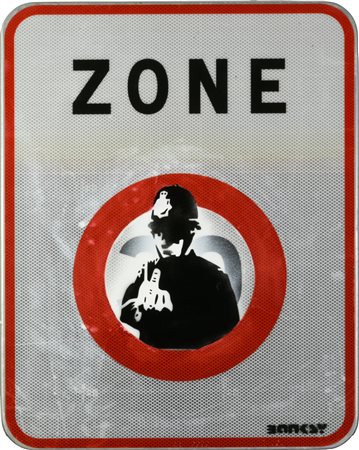 Da Banksy RUDE COPPER stencil print su cartello stradale, cm 66,5x51,5 firma...