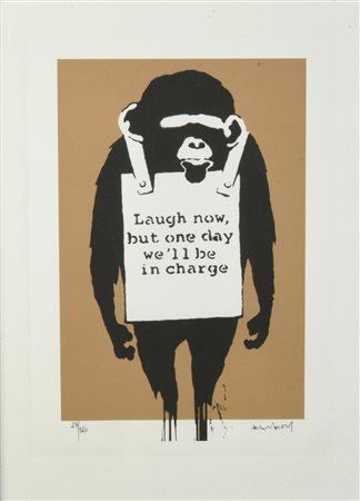 Da Banksy LAUGH NOW eliografia su carta Arches, cm 38x28; es. 27/150 firma in...