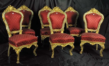 SEI POLTRONCINE IN STILE LUIGI XV Produzione francese, XIX secolo Legno...