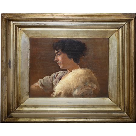 Sebastiano Conti Consoli (Catania 1885-Roma 1950)  - Ritratto di donna con stola di pelliccia bianca