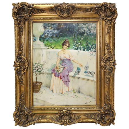 Francesco Oliva (Napoli 1807-1861)  - Donna in giardino con colombe