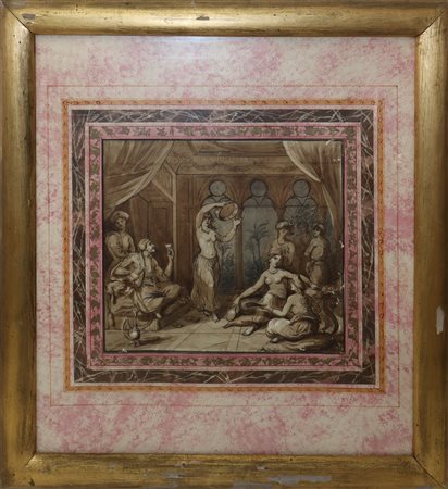 Interno di harem con donne in cornice di legno dorato, 19th/20 Century