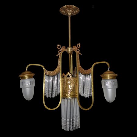 Lampadario Liberty, a tre bracci con vetri, struttura dorata., Early 20 century