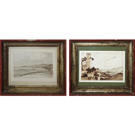 Coppia di cornici con stampe a mezza canna in argento e mistura, Early 19 century