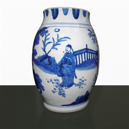 Vaso nei toni del bianco e del blu con scene di genere e paesaggio con cascata, 17 century