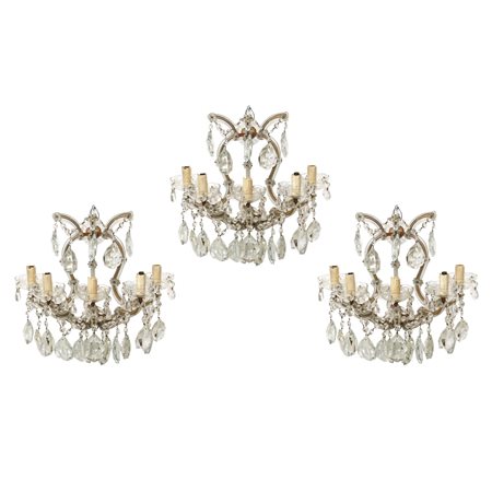 Gruppo di N. 3 Applique in vetro, Maria Teresa, a 5 luci con brindoli, Early 20 century