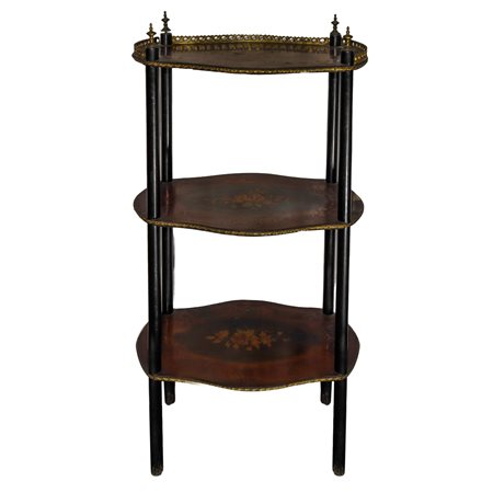 Tavolinetto etagère a tre piani con intarsi policromi, 19 century