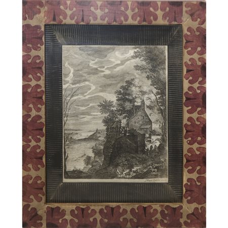 Marco  Sadeler (Belgio  1614-1660)  - Paesaggio fantastico con alberi e personaggi sul mare in cornice di legno dipinta a tempera