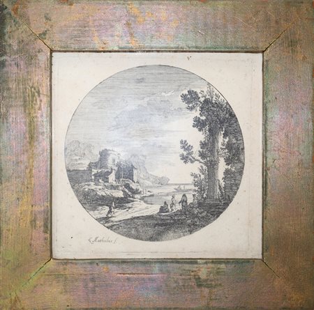 Ludovico  Mattioli (Crevalcore 1662-Bologna 1747)  - Paesaggio con ruderi, personaggi in riva al mare