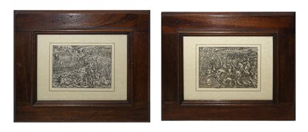 Jost Amman (Swiss 1539-1591)  - Coppia di incisioni raffiguranti scene belliche, XVI secolo