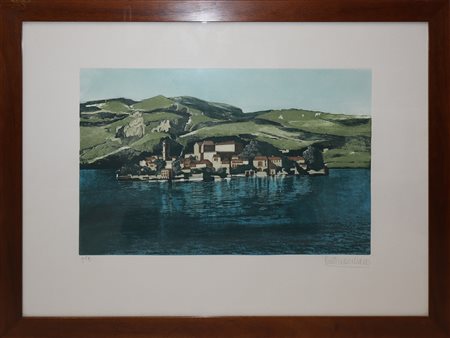 Paesaggio con case, colline e mare