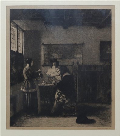 Daniel  Mordant (Quimper 1853-1914)  - La visita, da Pieter de Hooch, nineteen° secolo