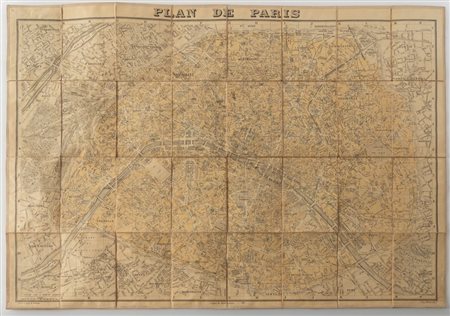 Cartina da viaggio di Parigi. XIX secolo. Aperta: cm 63,5x85,5; chiusa: cm...