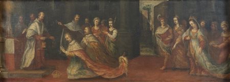 Maestro del XVII secolo. “Scena di incoronazione”. Olio su tela. Cm 44x123,5.