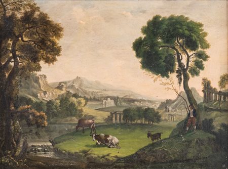 EUGENIO BONO' (Venezia 1805 -Portogruaro 1896) "Paesaggio con armenti e...