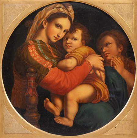 Maestro del XIX secolo. "Madonna della seggiola". Olio su tela. Cm 45x45.