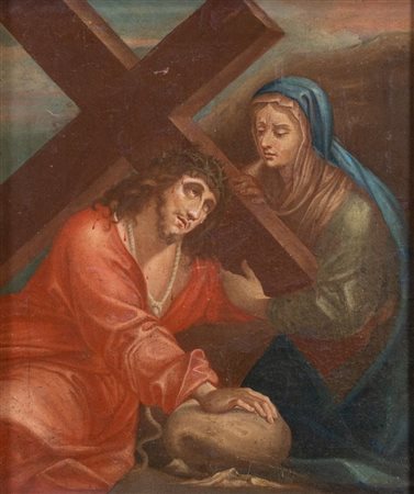 Maestro del XVII secolo. "Cristo portacroce con Maria". Olio su tela. Cm 45x38.