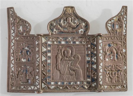 Piccola ancona da viaggio in bronzo e smalto. Arte russa, XIX secolo. da...