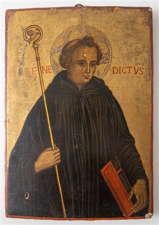 Maestro della fine del XVI secolo. "San Benedetto". Tempera su tavola a fondo...