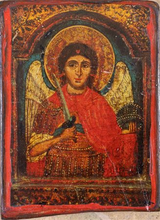 Icona raffigurante Arcangelo Michele. Balcani, XVIII secolo. Cm 31,5x23,5.