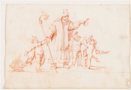 Maestro del XIX secolo. "Santo Vescovo con bambini”. Disegno a sanguigna su...