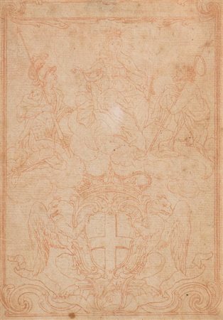 Maestro del XVII secolo. "Madonna in gloria con santi e stemma". Disegno a...