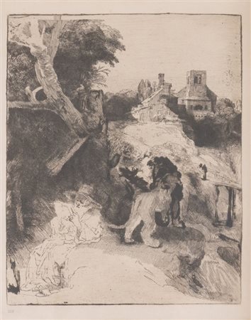 REMBRANDT, attr. "San Gerolamo nel paesaggio italiano". Acquaforte e...