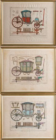 Lotto composto da tre incisioni, raffiguranti sezioni di carrozze. Francia,...