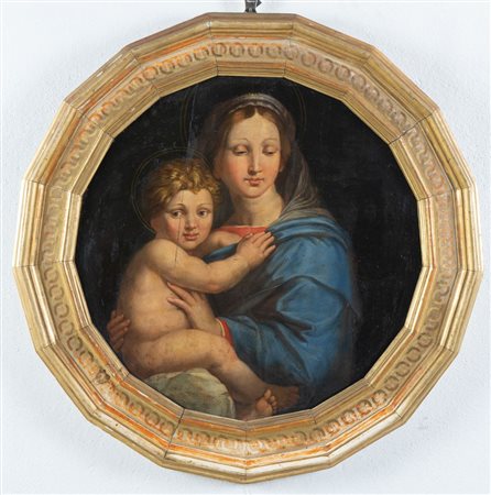 Maestro del XVIII secolo. "Madonna con bambino". Olio su tavola. Cm 61x61.