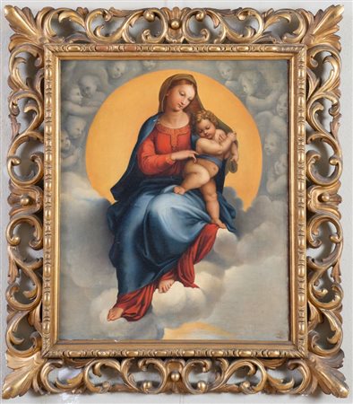 Maestro degli inizi del XIX secolo. "Madonna con Bambino”. Da Raffaello. Olio...