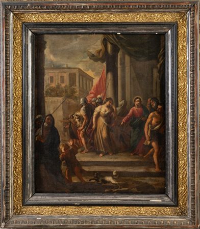 Maestro del XVII secolo. "Cristo e l'adultera". Olio su tela. Cm 75x63.