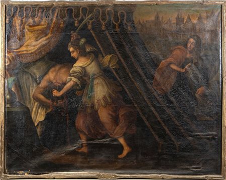 Maestro del XVII secolo. "Giuditta e Oloferne". Olio su tela. Cm 177,5x228,5.