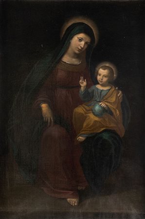 Maestro emiliano del XVII secolo. “Madonna con Bambino”. Olio su tela. Cm...