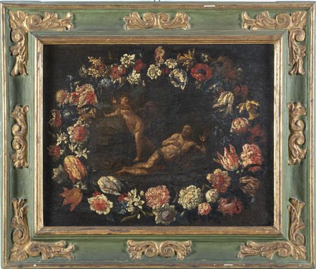Maestro romano del XVII secolo. "Ghirlanda di fiori con scena raffigurante...
