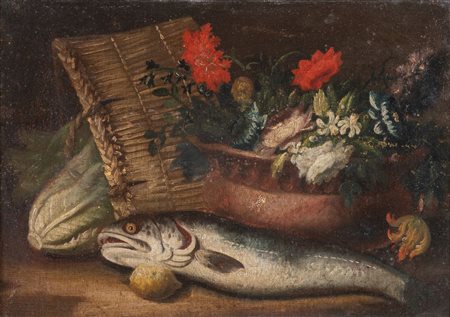 Maestro emiliano del XVIII secolo. "Natura morta con pesce". Olio su tela. Cm...