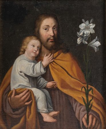 Maestro del XVII secolo. "San Giuseppe con il Bambino". Olio su tela. Cm 60 x...