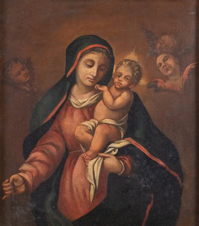 Maestro del XVII secolo. "Madonna con Bambino e angeli". Olio su tela. Cm...