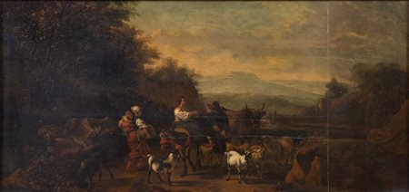 Ambito di Dirk van Bergen (Haarlem 1649 - 1700). “Paesaggio con figure e...