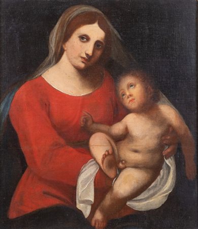 Maestro del XVII secolo. "Madonna con Bambino”. Olio su tela. Cm 92x80....